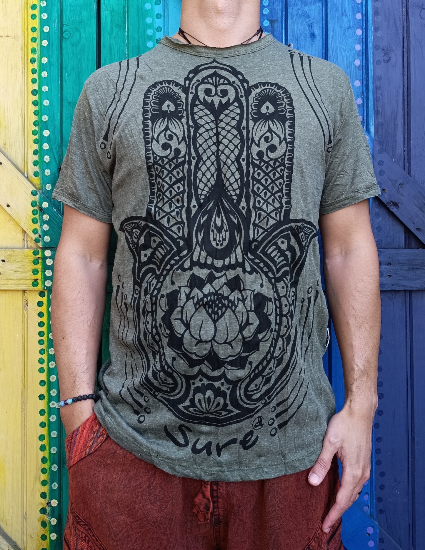 Men's Hippie Thailand Sure Printed Soft Cotton T-Shirt - Khaki Hamsa Hand Lotus - Size Large