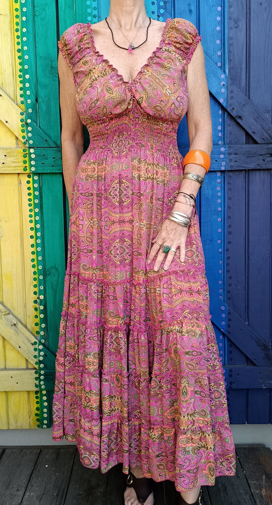 Ladies Hippie Boho Poly Silk Tiered Dress