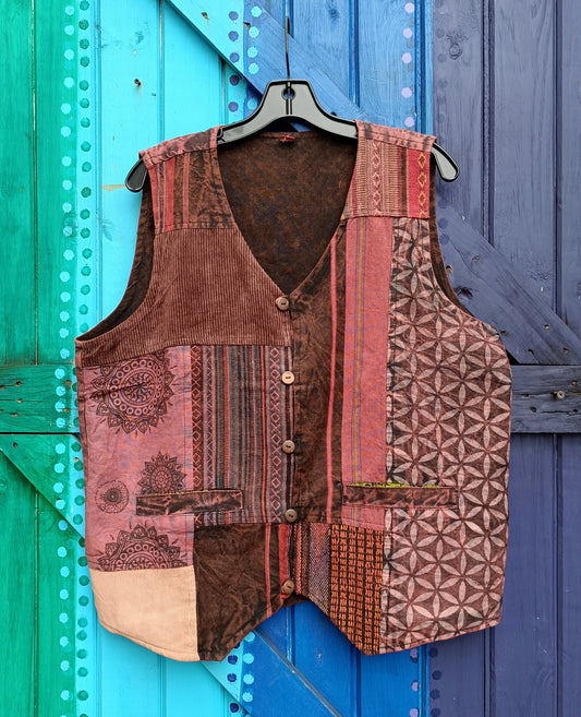 Funky Hippie Men's and Ladies Unisex Patchwork Cotton Button Up Waistcoats - Red