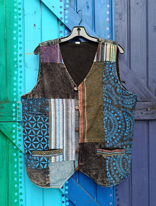 Funky Hippie Men's and Ladies Unisex Patchwork Cotton Button Up Waistcoats - Blue Style 1