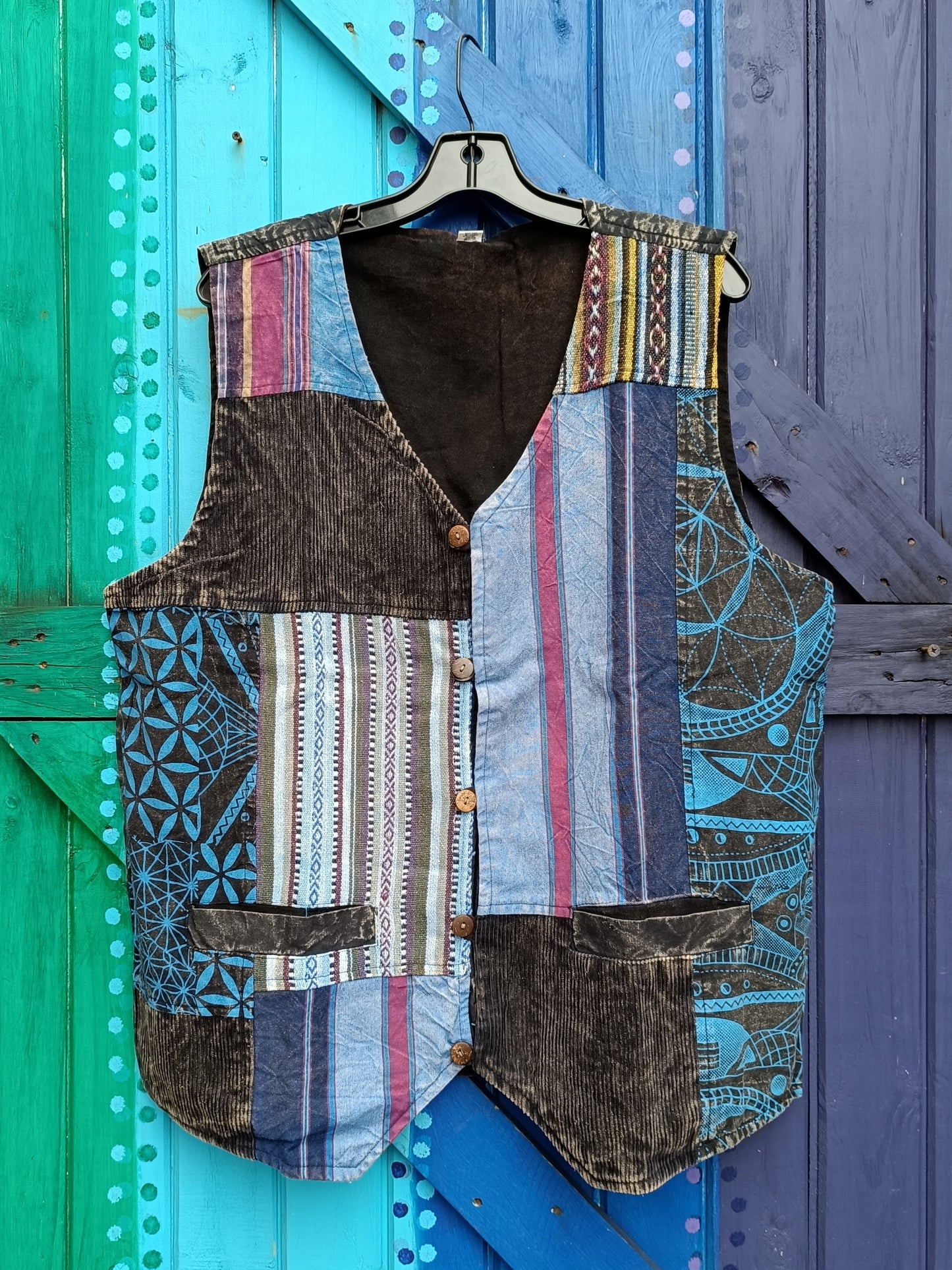 Funky Hippie Men's and Ladies Unisex Patchwork Cotton Button Up Waistcoats - Blue Style 2