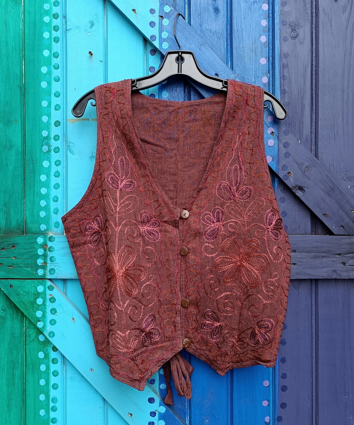 Ladies Funky Hippie Embroidered Cotton Button Up Waistcoat - Maroon