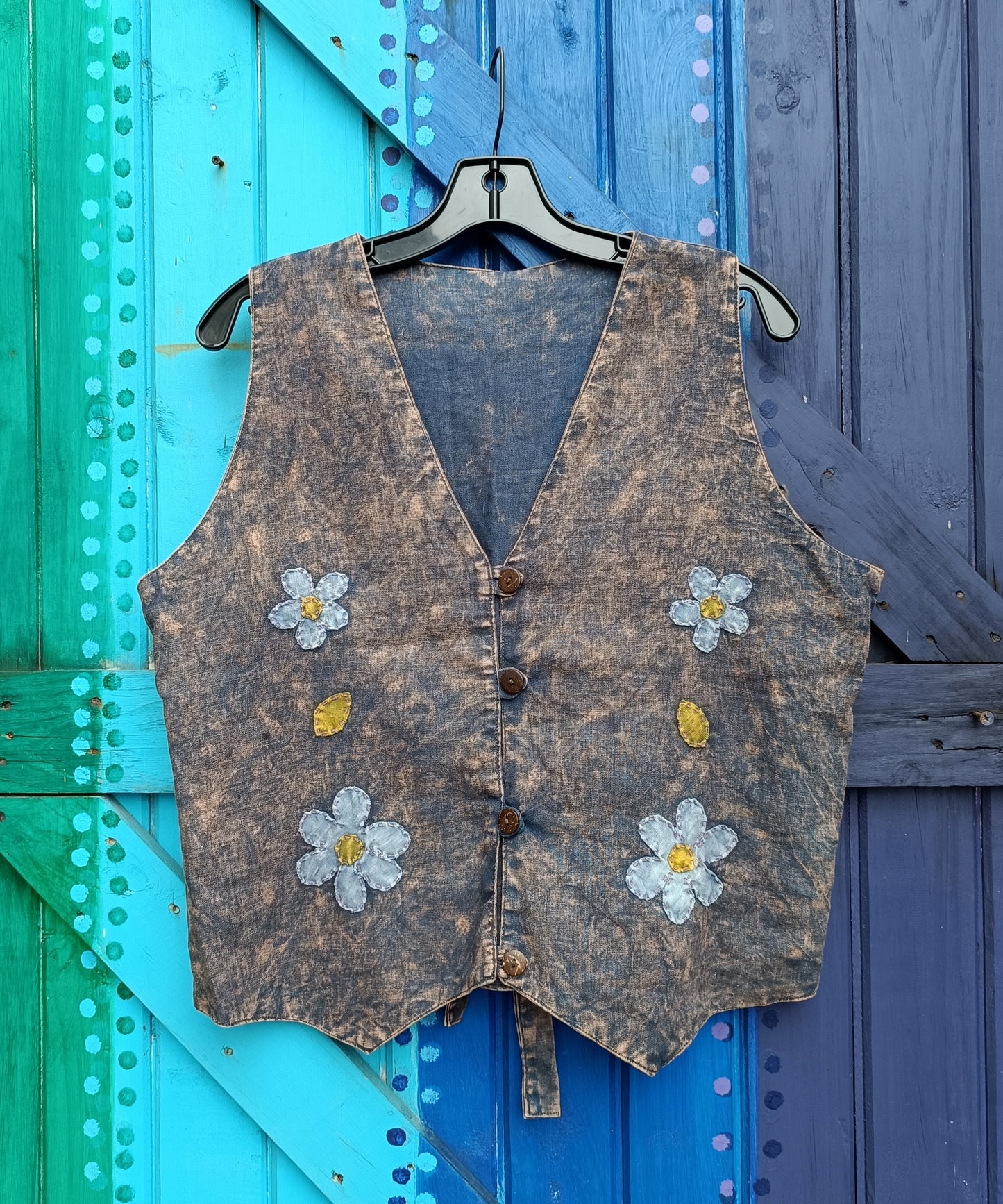 Ladies Funky Hippie Hand Stitched Cotton Button Up Waistcoat - Blue