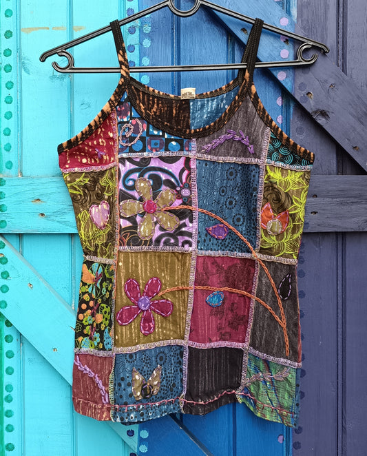 Ladies Funky Hippie Patchwork Embroidered Strappy Top Vest - Multi Colour Style 2