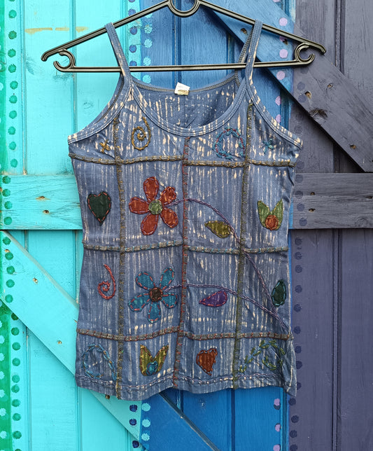 Ladies Funky Hippie Patchwork Embroidered Strappy Top Vest - Blue