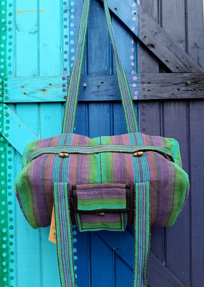 Funky Hippie Hand Loomed Nepalese Cotton Travel Bag (Duffle/Tog Bag) - Green, Purple, and Blue - MEDIUM