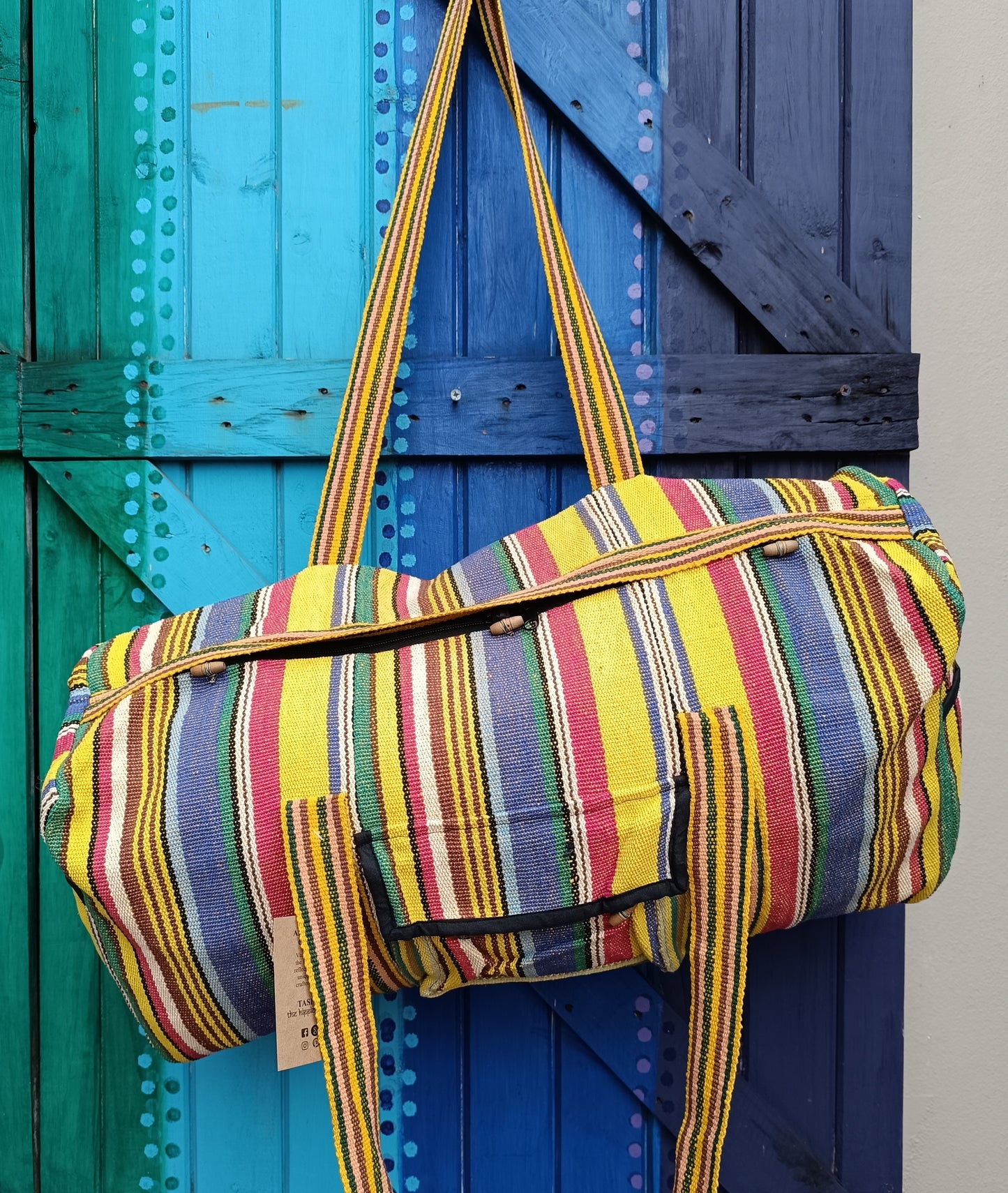 Funky Hippie Hand Loomed Nepalese Cotton Travel Bag (Duffle/Tog Bag) - Yellow, Green, and Blue - LARGE