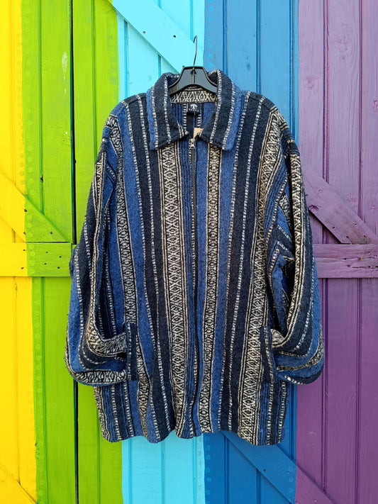 Funky Striped Brushed Cotton Zipped Hoodies - Blue Size Large