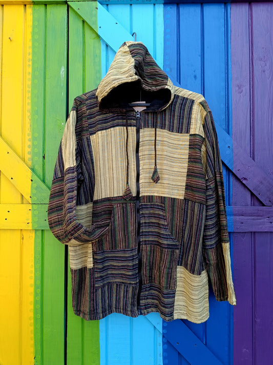 Cotton Zipped Funky Striped Patch Hoodies with Front Pockets - Large