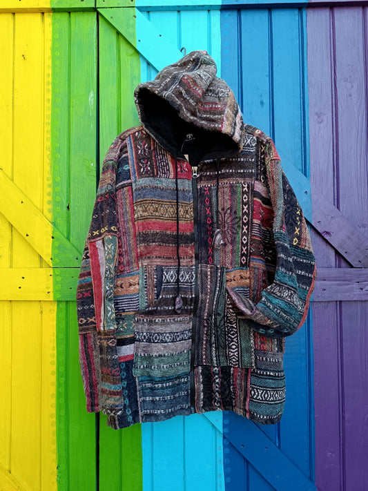 Funky Hippie Brushed Cotton Stamped Zipped Patch Hoodies with Front Pockets - Large