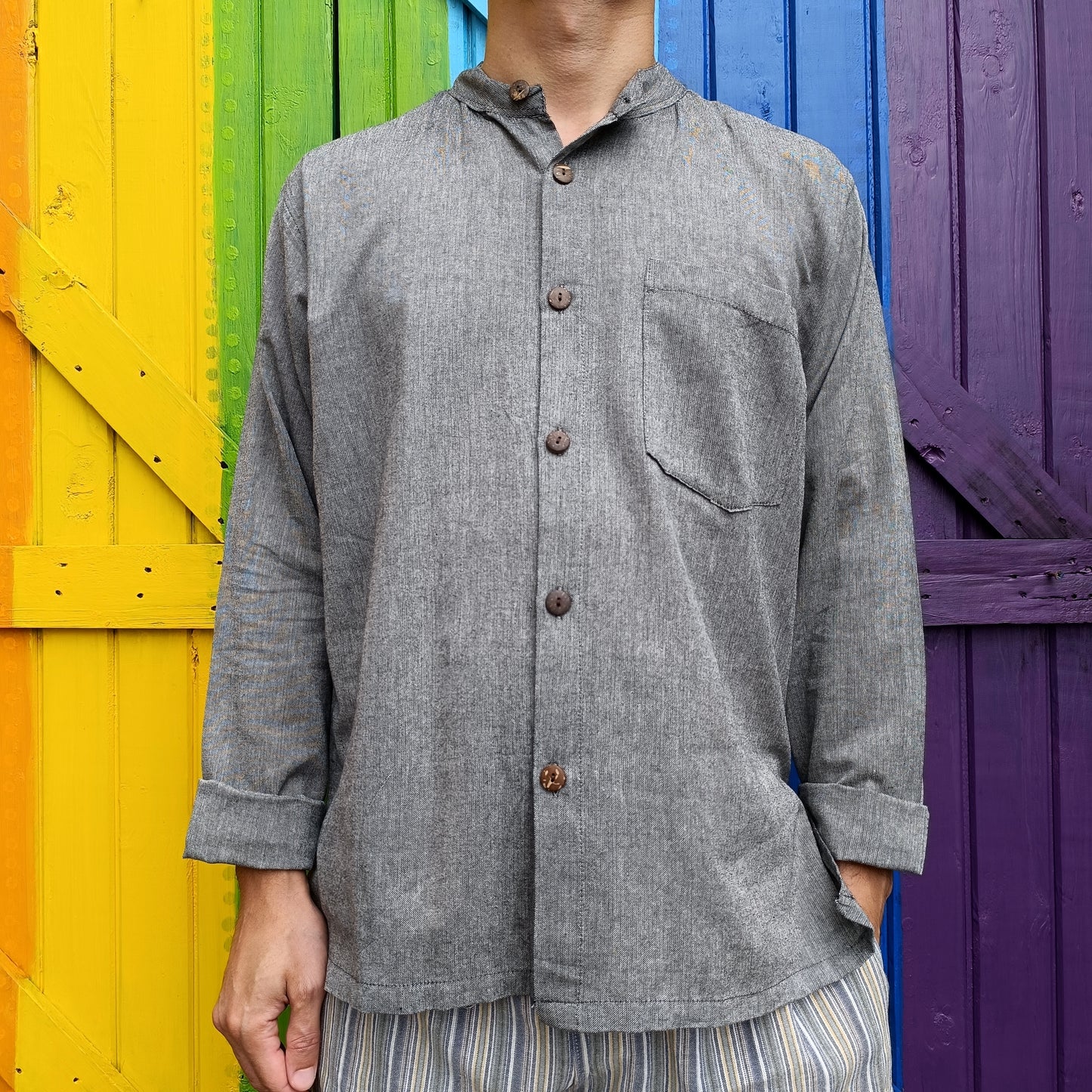 Open Button Long Sleeve Shirts Cotton Relaxed Fit Kurta Shirts