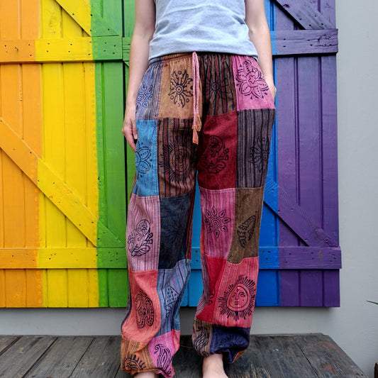 Smaller Cut Patchwork Long Pants with Stamp Detail and Elasticated Ankles Size MEDIUM