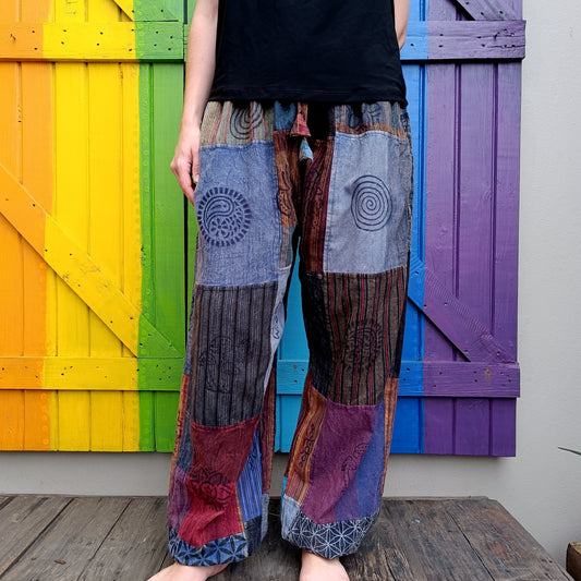 Smaller Cut Patchwork Long Pants with Stamp Detail and Elasticated Ankles Size LARGE