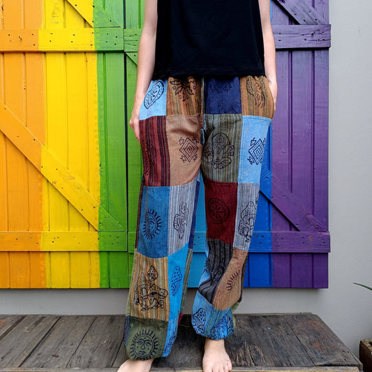 Smaller Cut Patchwork Long Pants with Stamp Detail and Elasticated Ankles Size SMALL