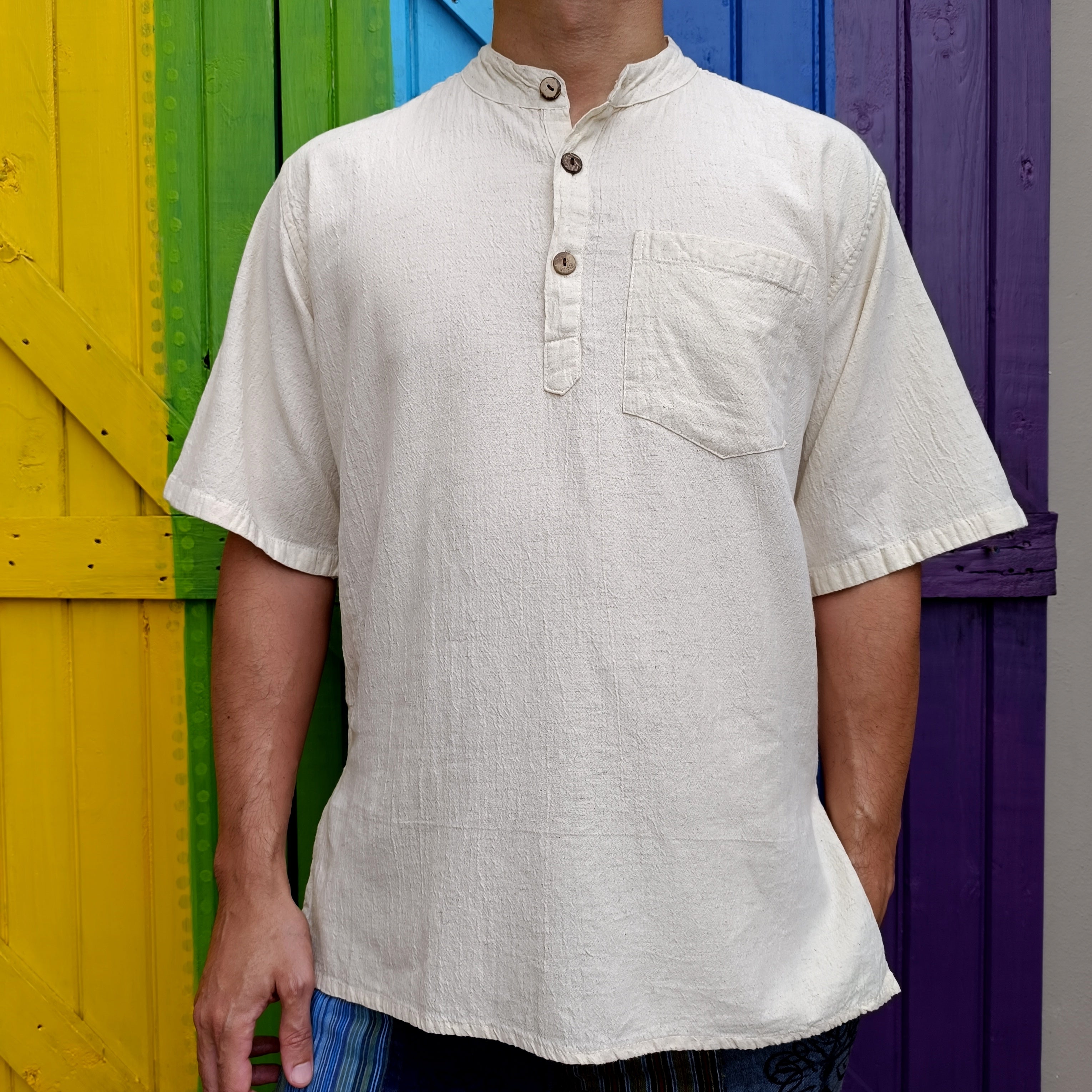 Men's Hemp Short Sleeved Shirt in Natural Undyed Colour factory with Coconut Buttons. Handmade in Nepal. 47'' Chest.