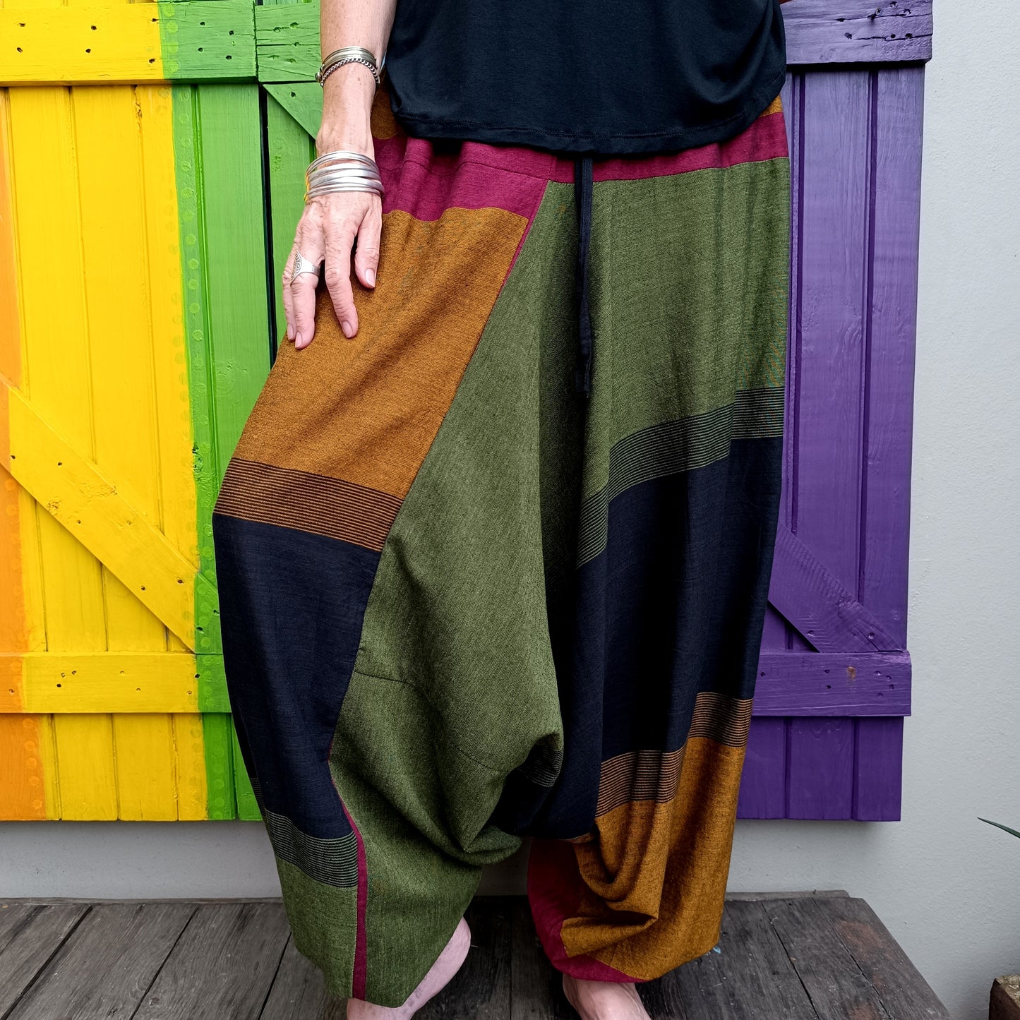 Woven Broad Stripe Cotton Afghan Style Drawstring Hippie Pants