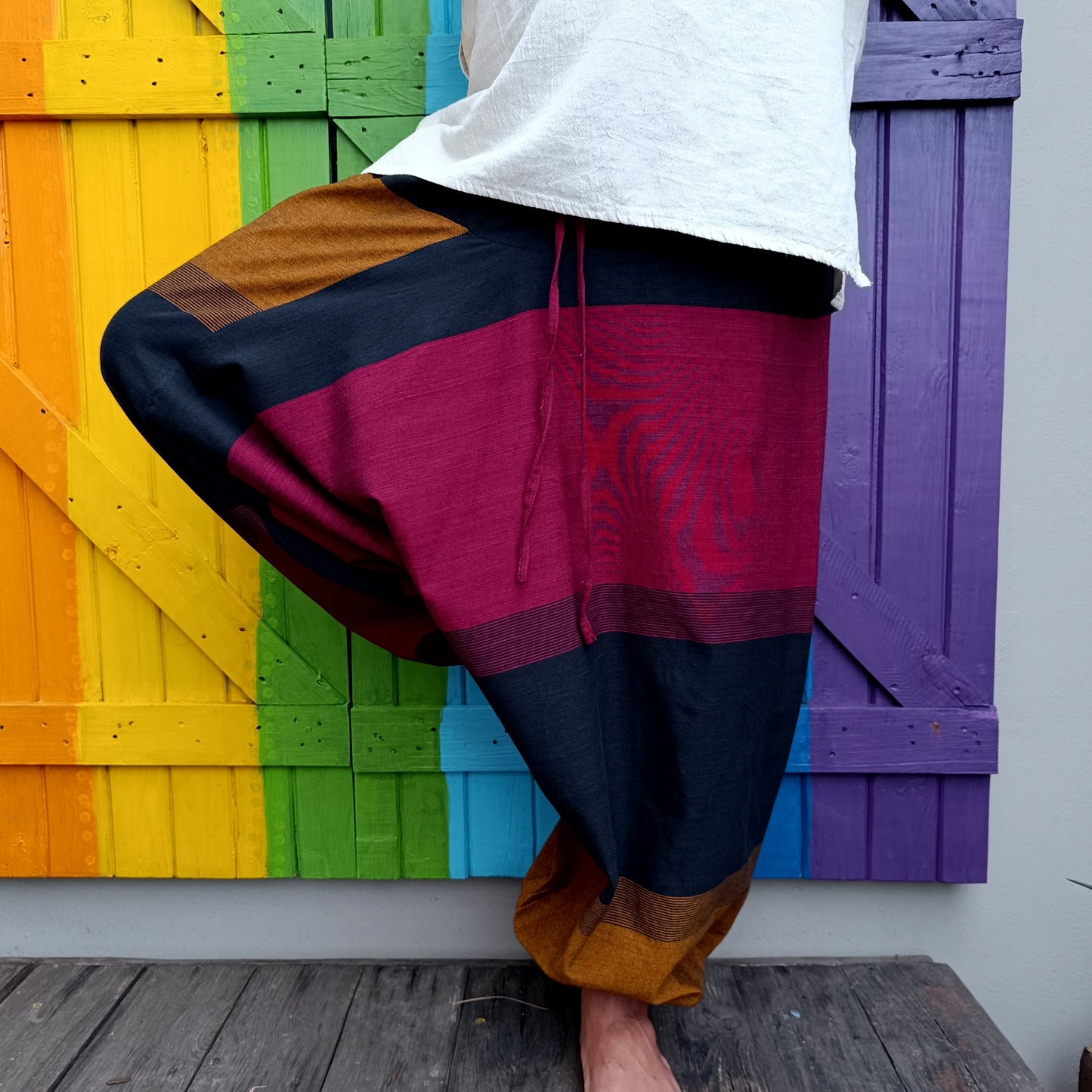 Woven Broad Stripe Cotton Afghan Style Drawstring Hippie Pants