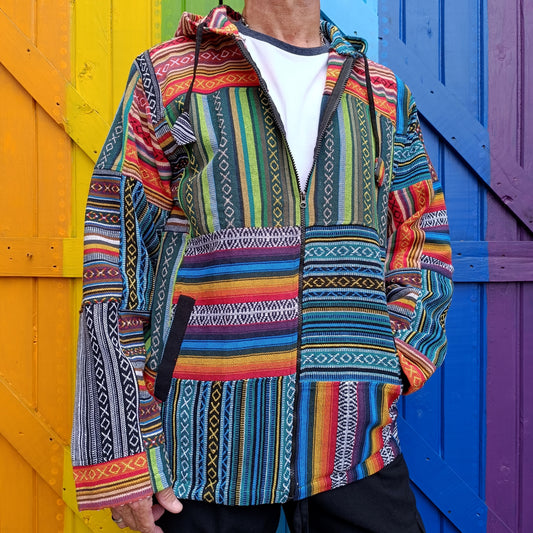 Multi Colour Funky Cotton Unisex Patchwork Gheri Hoodie