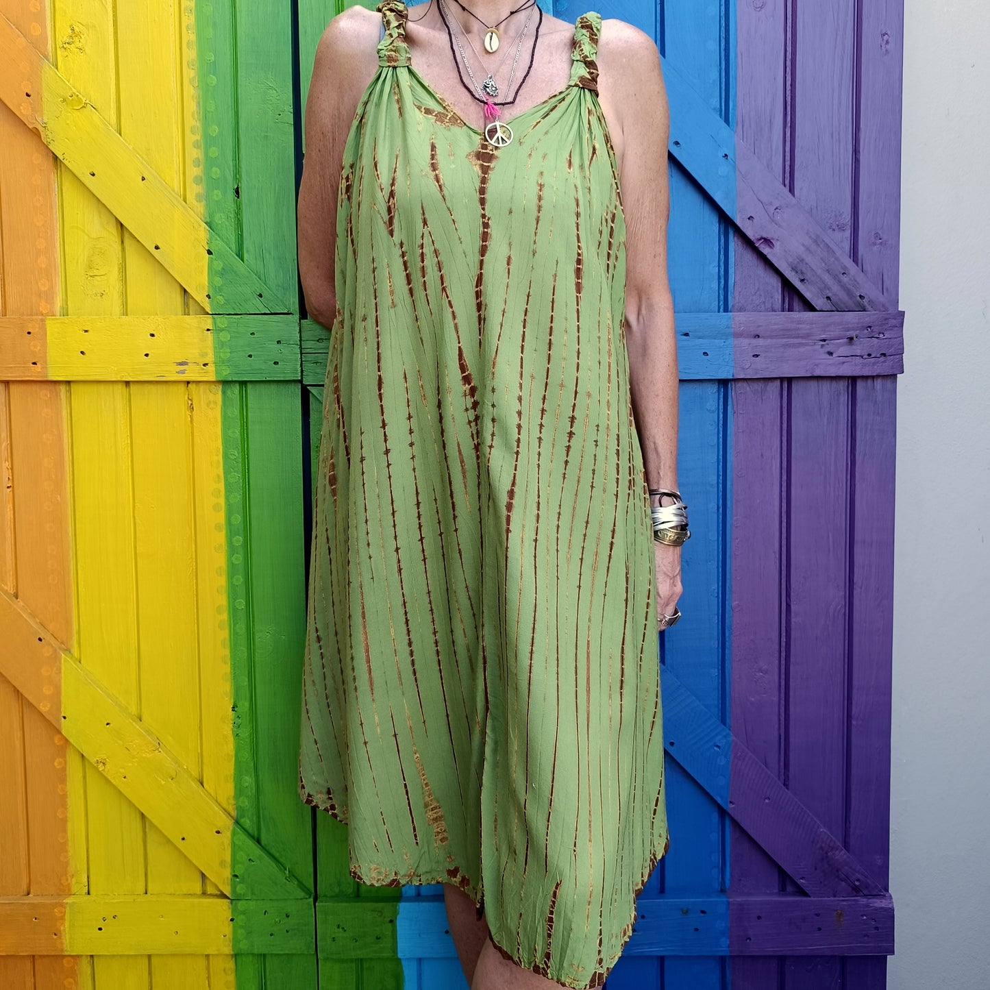 Sleeveless Short Knee Length Tie Dye Dress Rayon