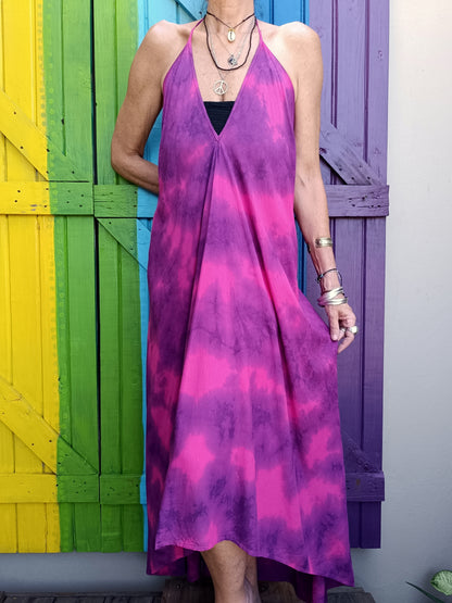 Tie Dye Goddess Dress Open Back Halter Neck Rayon