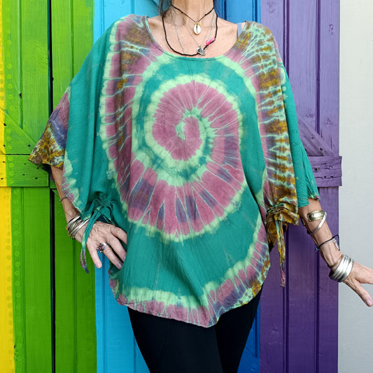 Flared Tie Dye Butterfly Sleeve Top Rayon