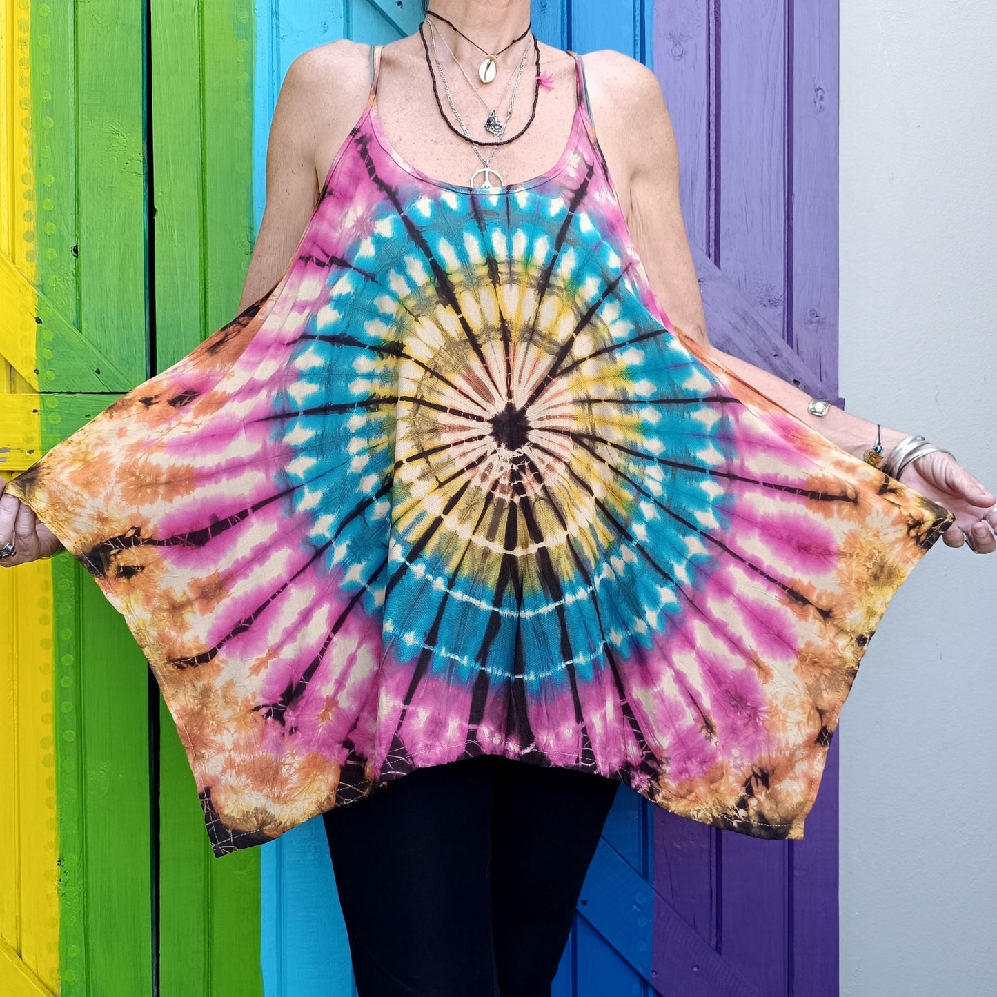 Flared Tie Dye Strappy Top Rayon