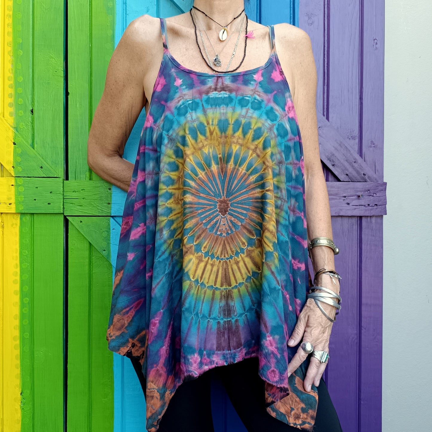 Flared Tie Dye Strappy Top Rayon