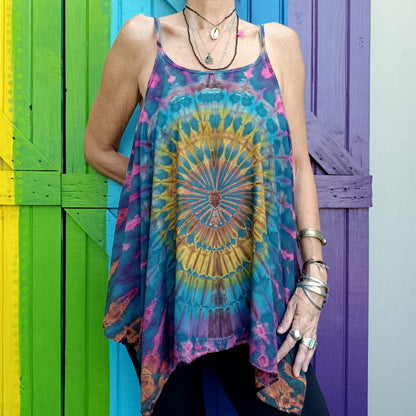 Flared Tie Dye Strappy Top Rayon