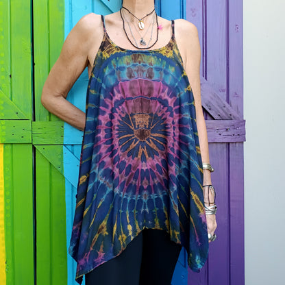 Flared Tie Dye Strappy Top Rayon