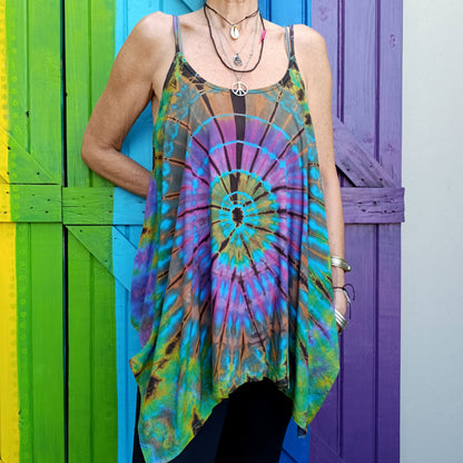 Flared Tie Dye Strappy Top Rayon