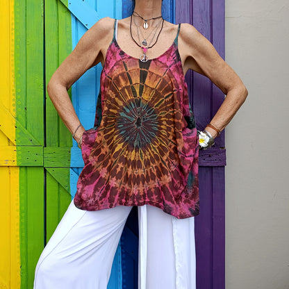Flared Tie Dye Strappy Top Rayon