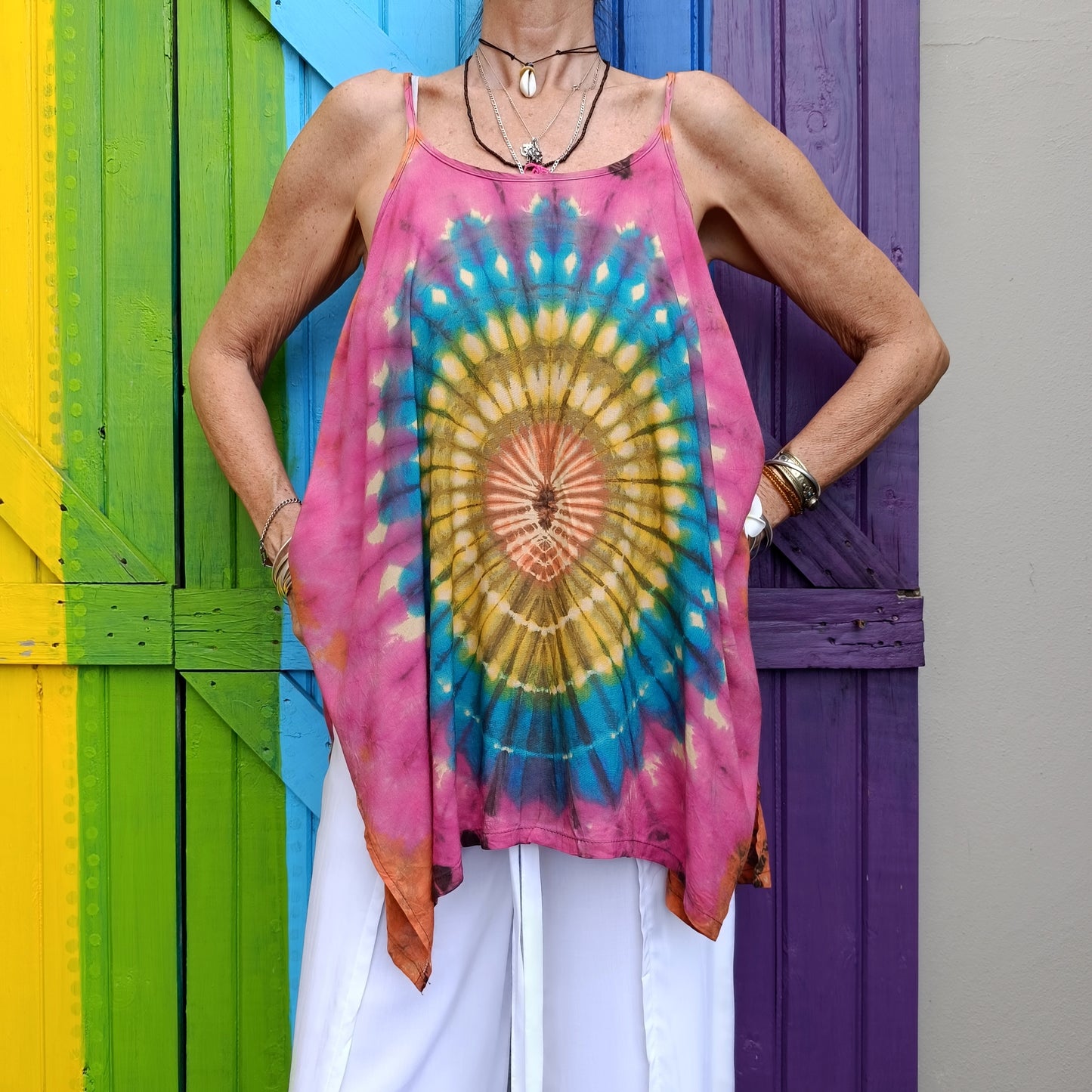 Flared Tie Dye Strappy Top Rayon